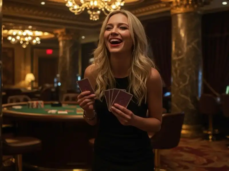 Viva Max actress focused as a poker player holding cards at the table.