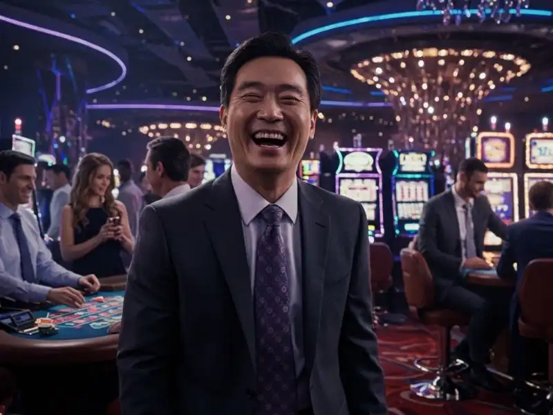 Joyful person standing confidently at Viva One casino floor.