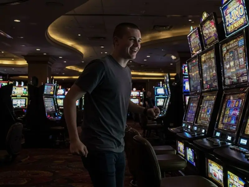 Standing confidently inside casino with vivamax voucher code.