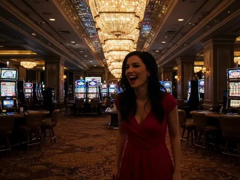 Player standing and smiling confidently inside Vivamx casino.