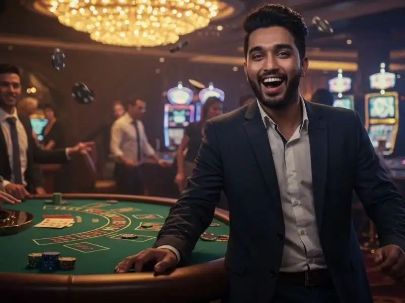 Vivimax joyful winner proudly holding jackpot from baccarat game.