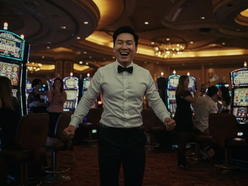 vivamex happy casino player standing with a victorious smile.