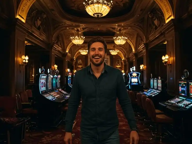 Happy VMX 2024 winner smiling after a big slot machine victory.