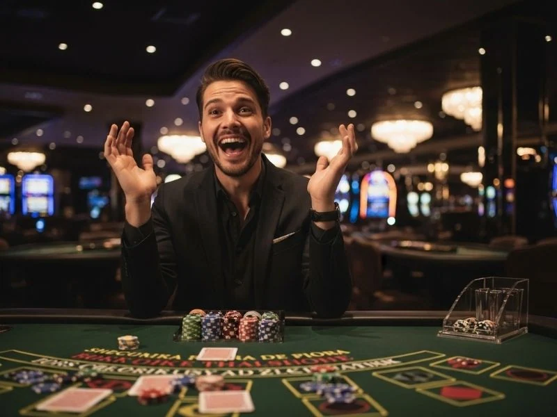 Viba Max Joyful Man Showing Winning Poker Hand exciting triumph