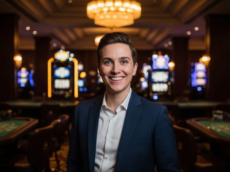 Viva Max App Standing Smiling Casino Guest lively energy