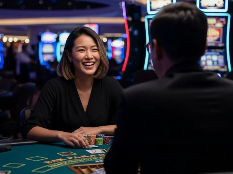 Vivamxwin Smiling Poker Player Holding Chips joyful casino vibe