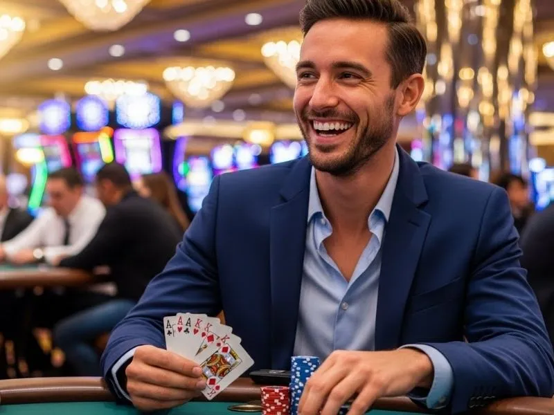 Happy poker hand winner celebrating in free spins casino Philippines gameplay