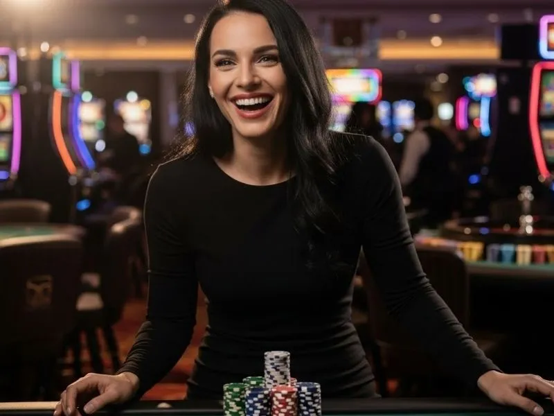 Smiling slot machine player celebrating a jackpot in a legal online casino in Philippines setting