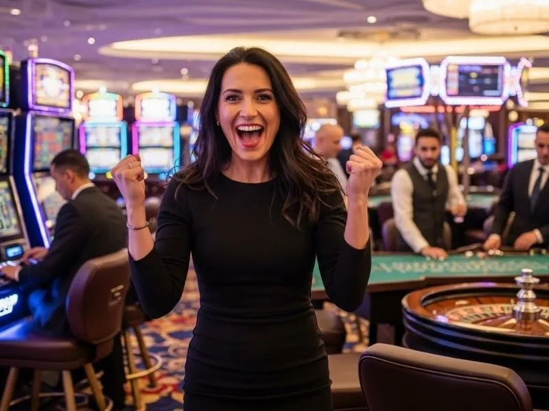 Happy casino guest holding chips in a live casino Philippines setting