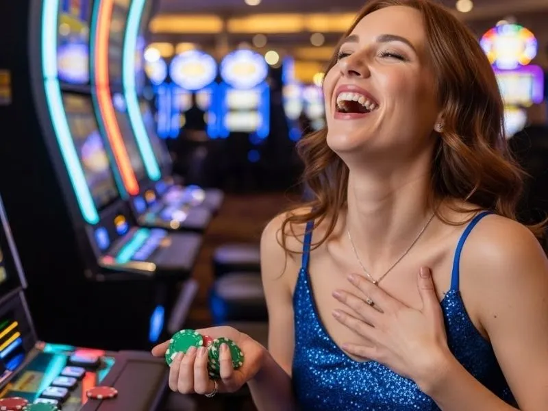 Joyful poker player at the table in an online casino Philippines atmosphere featuring VMWIN