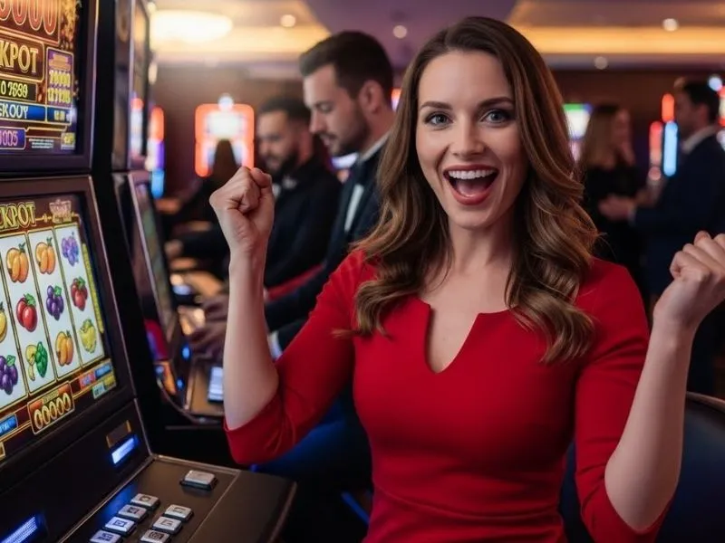 Happy slot machine player playing at a real money casino Philippines venue