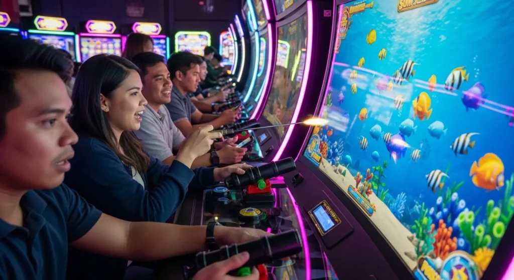 Filipino players enjoying realistic arcade-style fishing games in an online casino, connected to X Rated Full Movie searches.