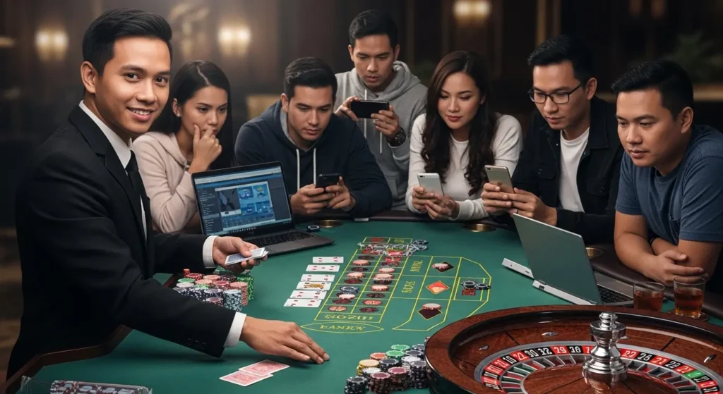 Live casino table with dealer and Filipino players interacting online, showcasing X Rated Full Movie related content.