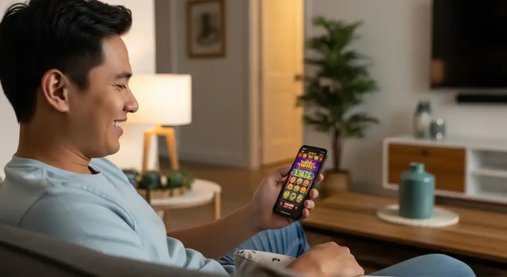 Pinoy player enjoying Free 100 Online Casino on smartphone