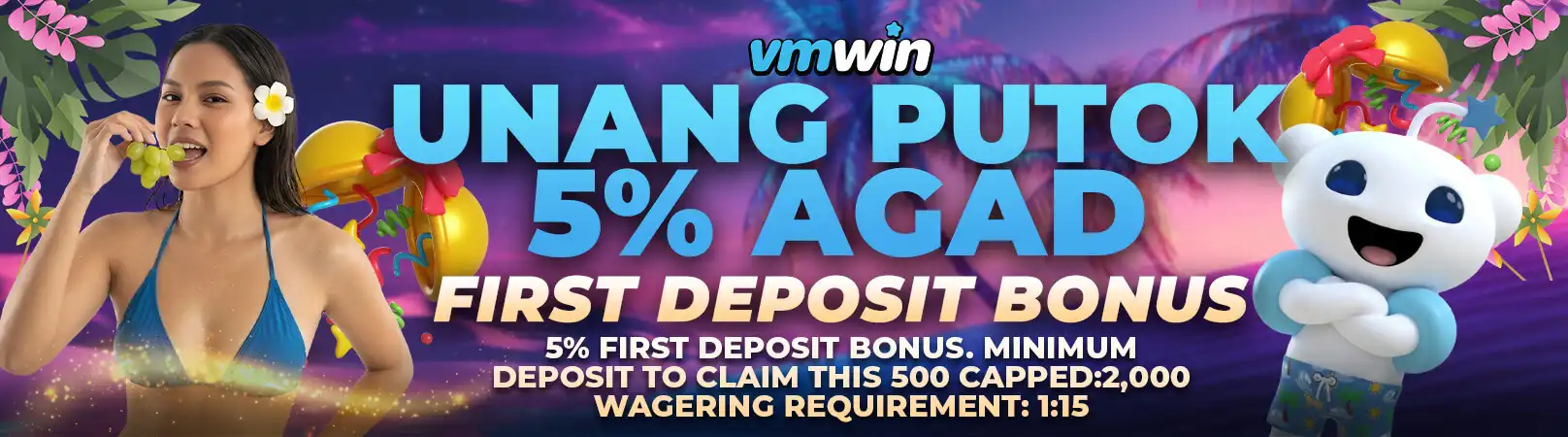 About us page showing first deposit bonus at VMWIN gaming platform with promotional banner and offer details