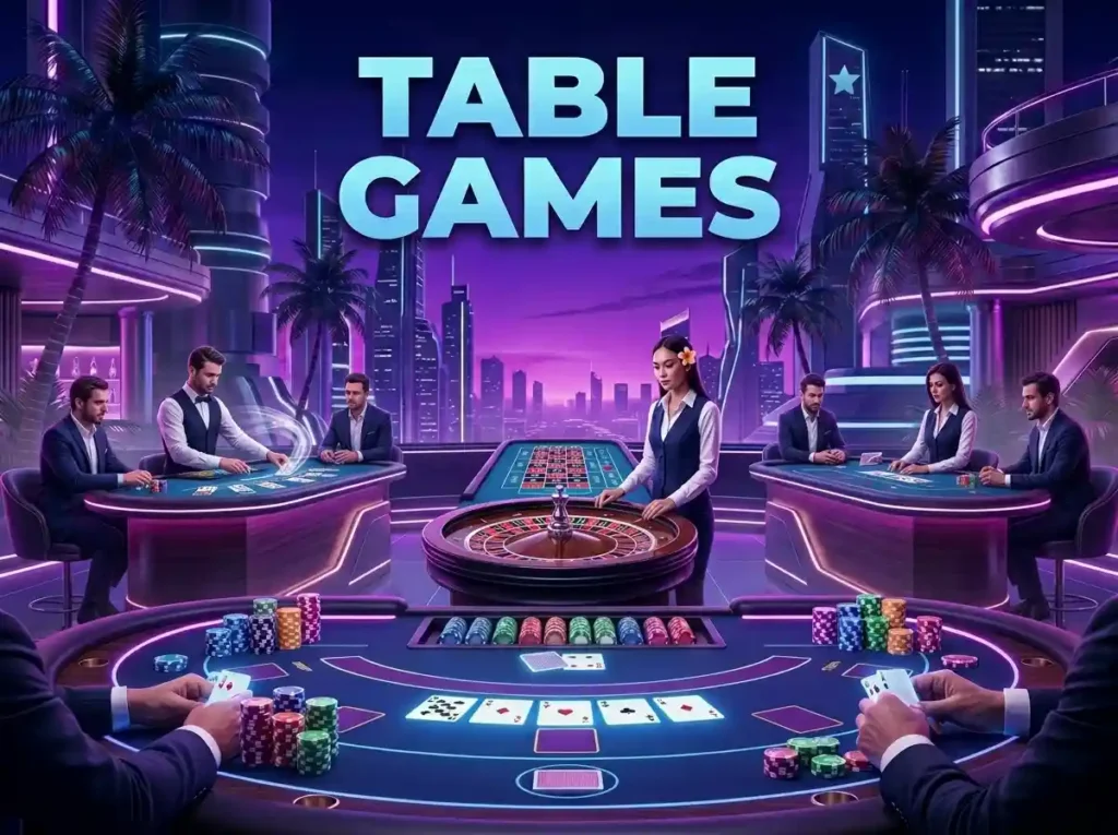 Vmwin official website showcasing vibrant casino table games including blackjack, roulette, and baccarat in a modern neon-lit gaming environment.