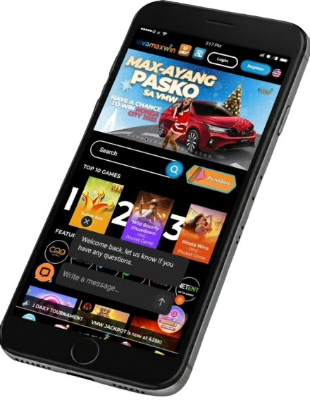 VMwin (Vivamaxwin) mobile app homepage showing the platform interface with navigation and gaming sections, highlighting privacy policy compliance