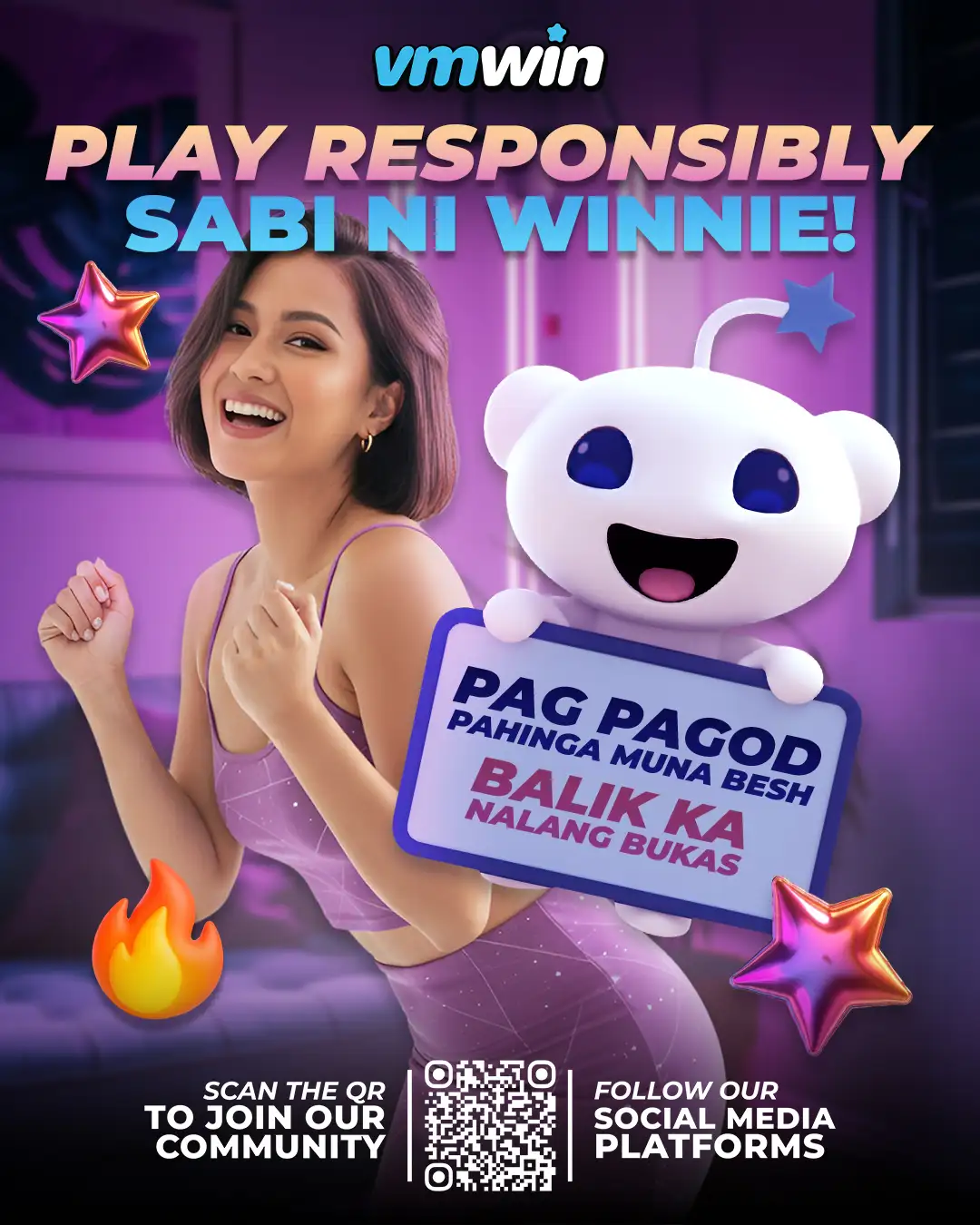 Responsible gaming message promoting safe play in VMWIN platform, encouraging players to play responsibly.