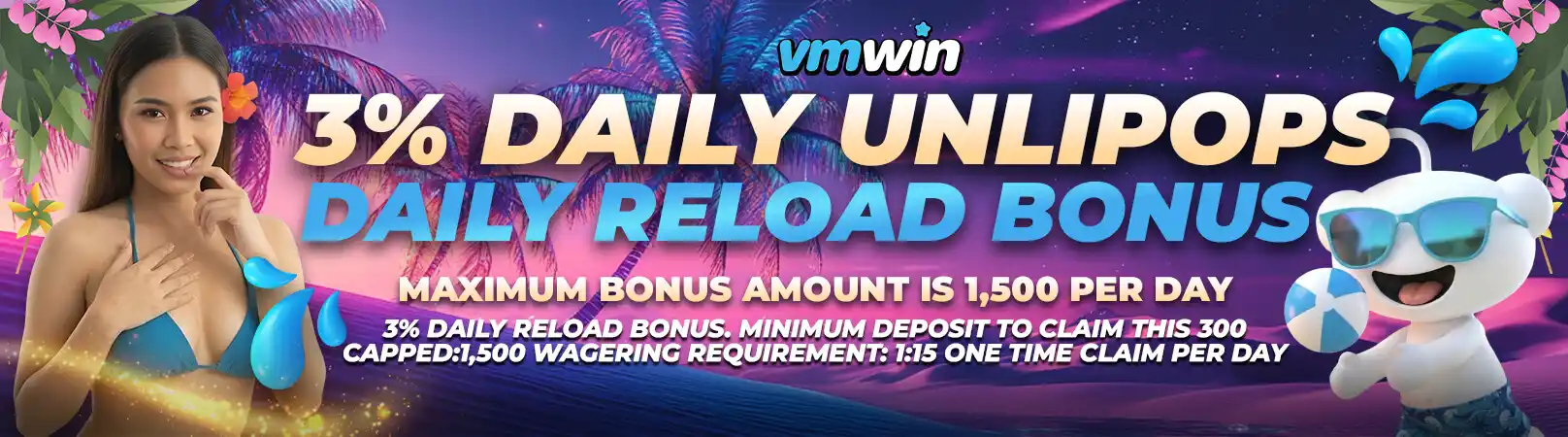 Vmwin (Vivamaxwin) online casino promotional banner showing daily 3% unlipops and daily reload bonus, explaining why vmwin is a rewarding platform for players