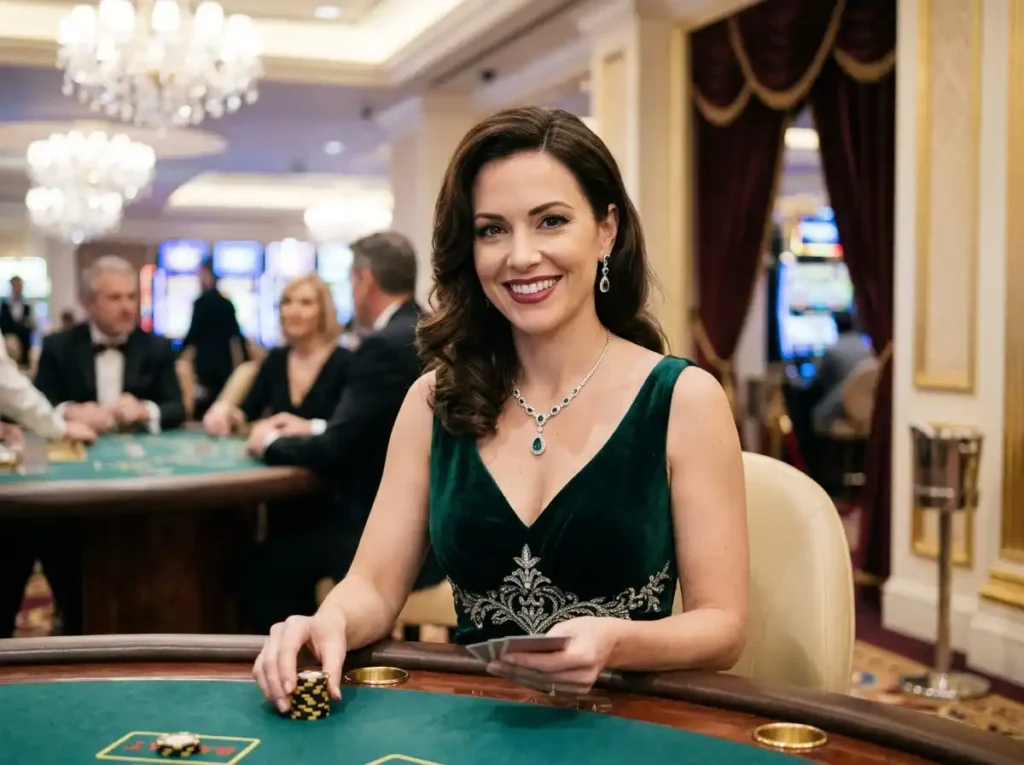 Woman smiling and playing at a real casino table, experiencing live gaming atmosphere associated with 188maya casino.