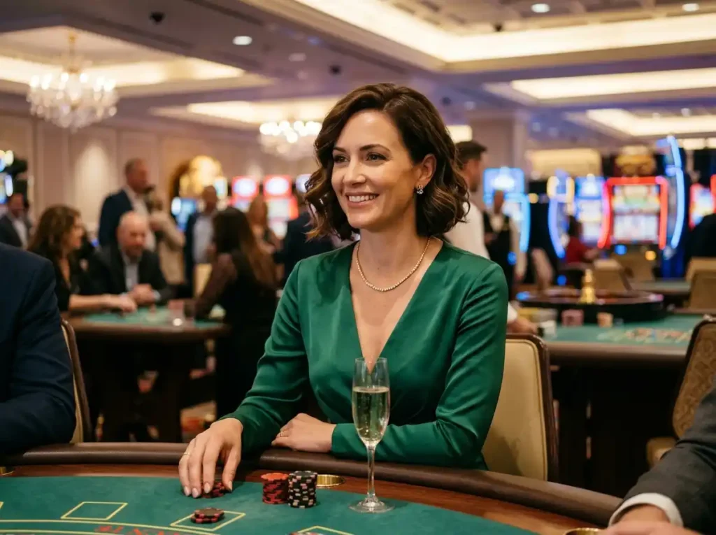 Elegant woman smiling while playing casino games in a real casino gaming area, representing the experience of 188maya casino.