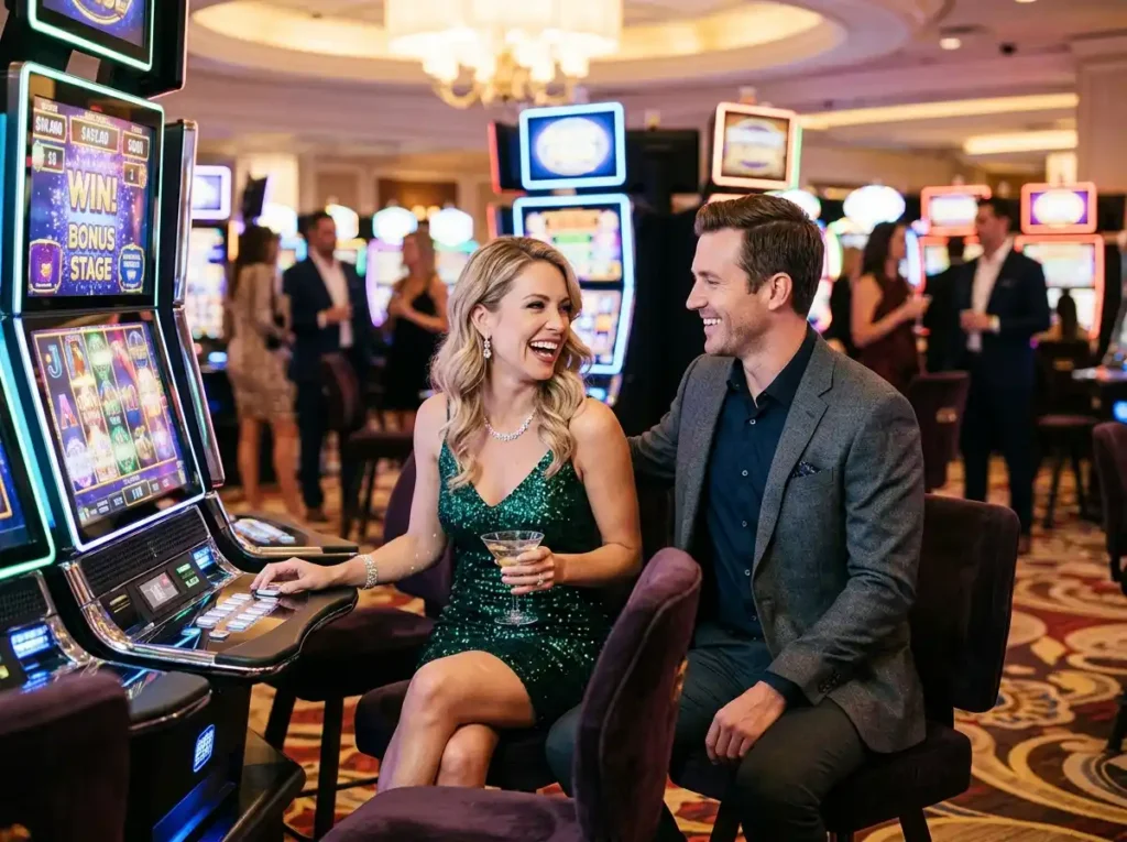 Glamorous couple enjoying slot games together in a real casino floor, experiencing the excitement of 188maya casino themed entertainment.