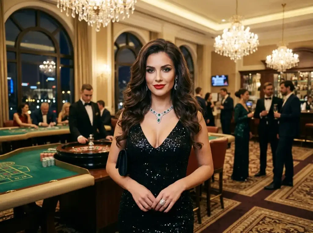 Glamorous woman facing forward inside a luxury casino setting while associated with 188maya casino, showcasing an elegant gaming atmosphere.