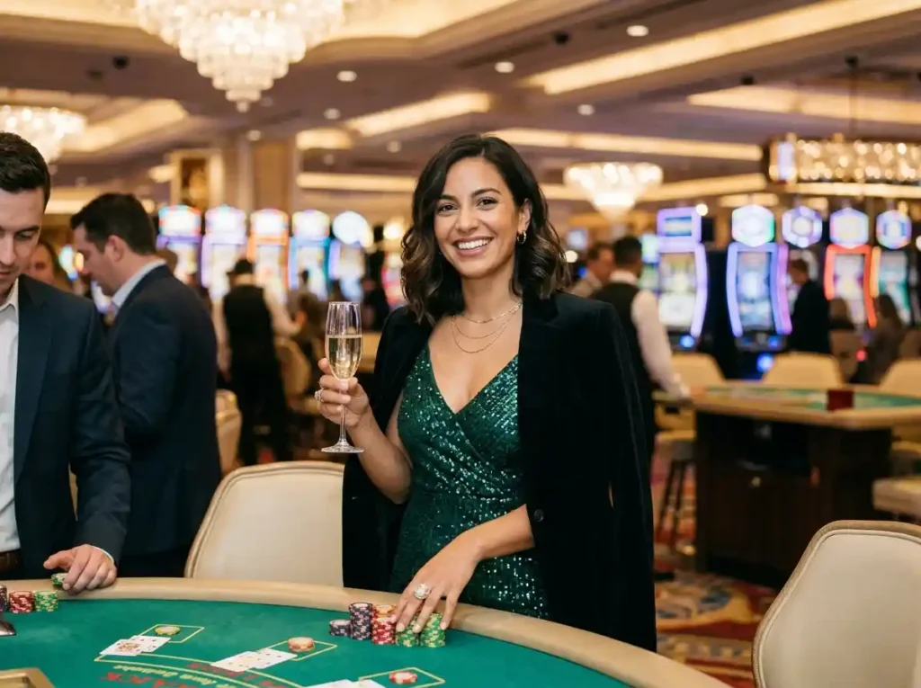 Smiling female player enjoying a game at a real physical casino while associated with 1plus game casino online platform branding.