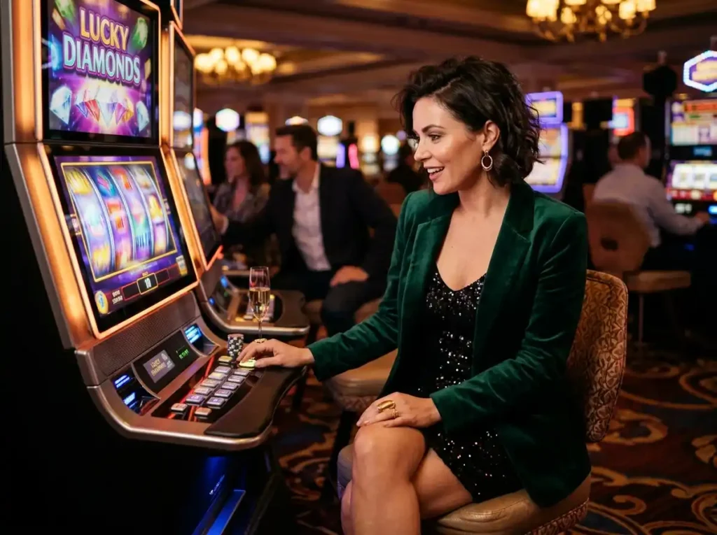 Glamorous female player playing a slot machine inside a real casino setting, representing 1plus game casino atmosphere and gaming experience.
