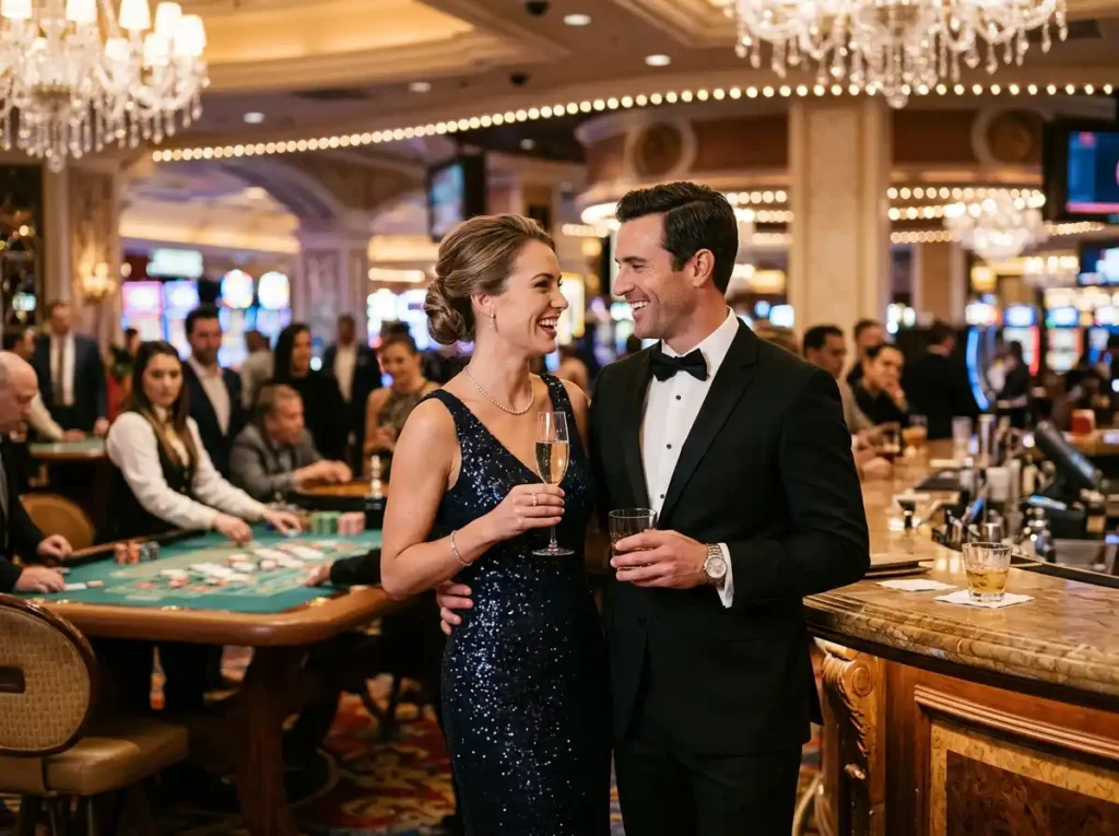 Couple enjoying a luxury date night inside a real casino while playing, featuring the theme of 1plus game casino.