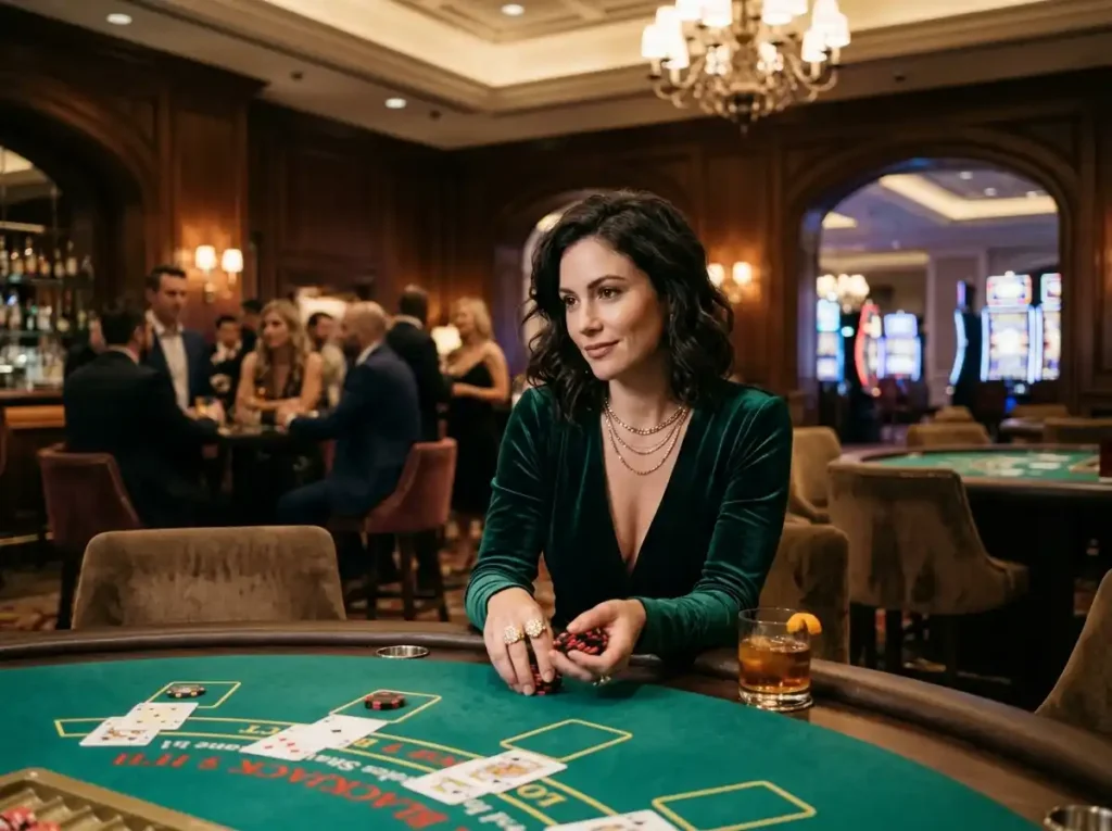Stylish female player enjoying a real casino lounge while associated with 1plus game casino, capturing a luxurious gaming atmosphere.