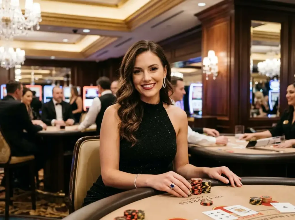Female casino guest facing the camera and smiling while playing slot machines in a physical casino environment, representing All Slots Casino experience.