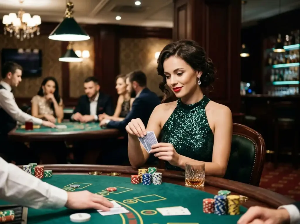 All Slots Casino glamorous female player holding cards at a table game in a real casino setting