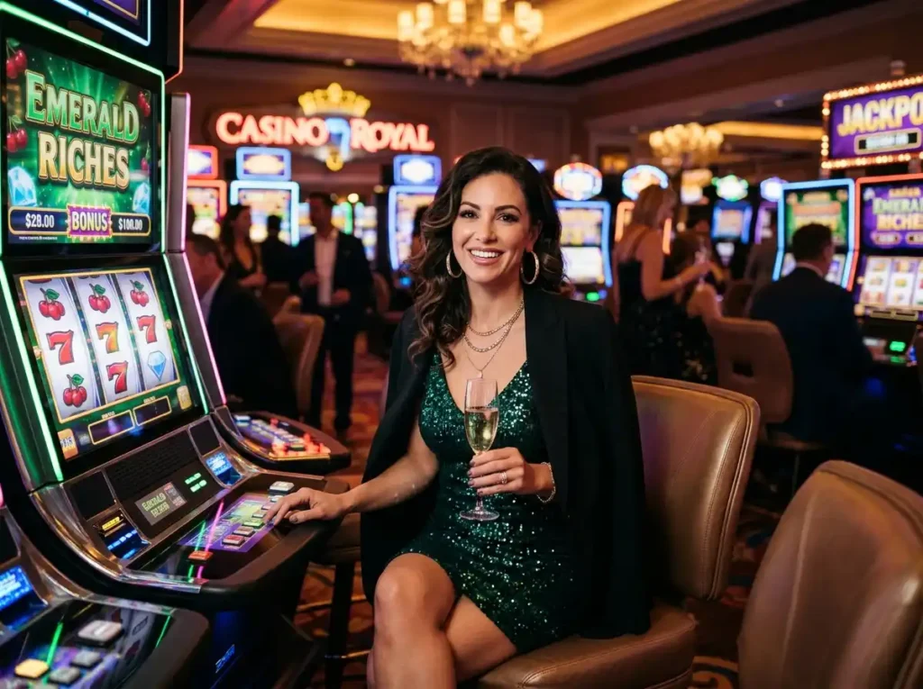 All Slots Casino featuring a glamorous woman facing the camera while playing at a slot machine in a casino setting.