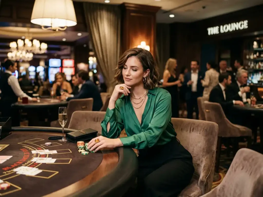 All Slots Casino stylish female guest enjoying a premium casino lounge experience with slot machines and gaming atmosphere