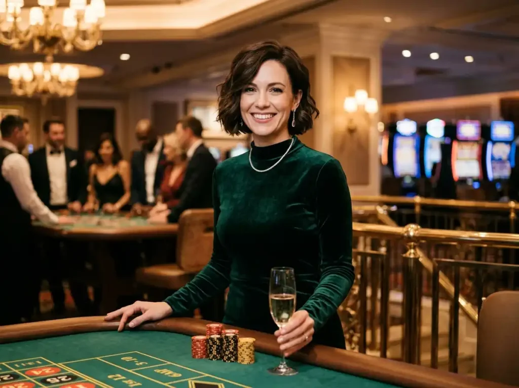 BW777 casino elegant female player facing camera and smiling while enjoying a real casino gaming experience