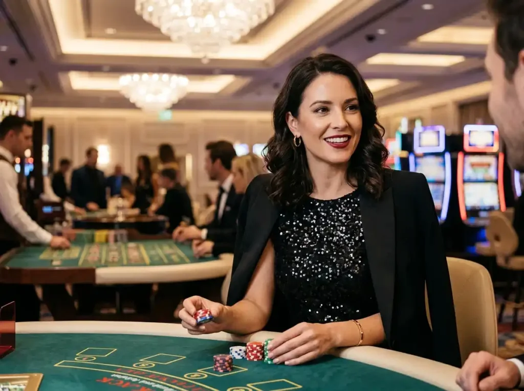 BW777 Casino glamorous woman holding chips in a casino setting for online gaming inspiration