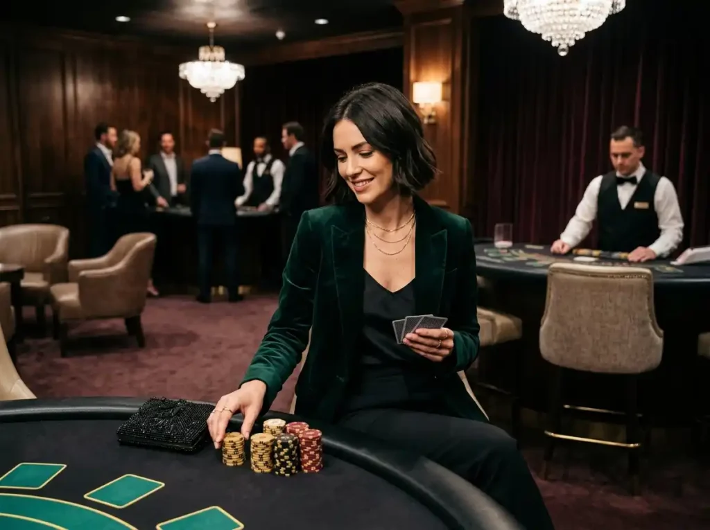 bwenas gaming casino chic woman playing table games inside a VIP physical casino setting with elegant lighting and luxury ambiance