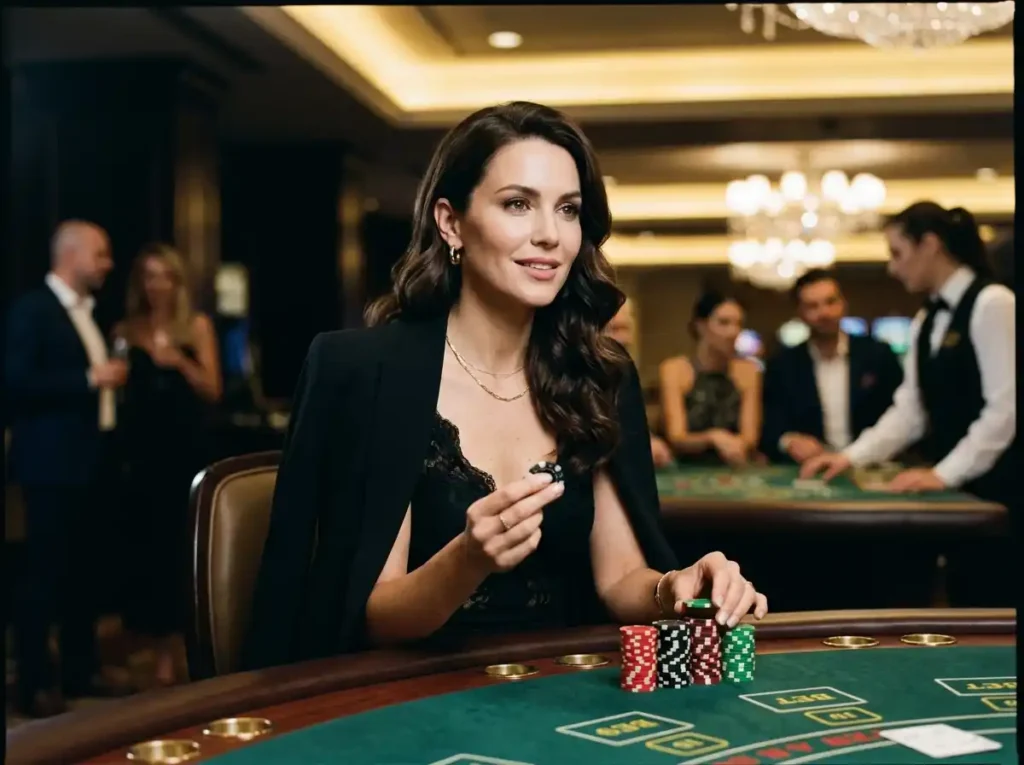 Elegant female player holding casino chips inside a real casino setting, representing bwenas gaming casino experience.