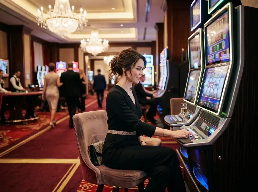 Fashionable woman playing slot machines inside a luxurious physical casino, representing the experience of Bwenas Gaming Casino with real-world casino ambiance and entertainment.