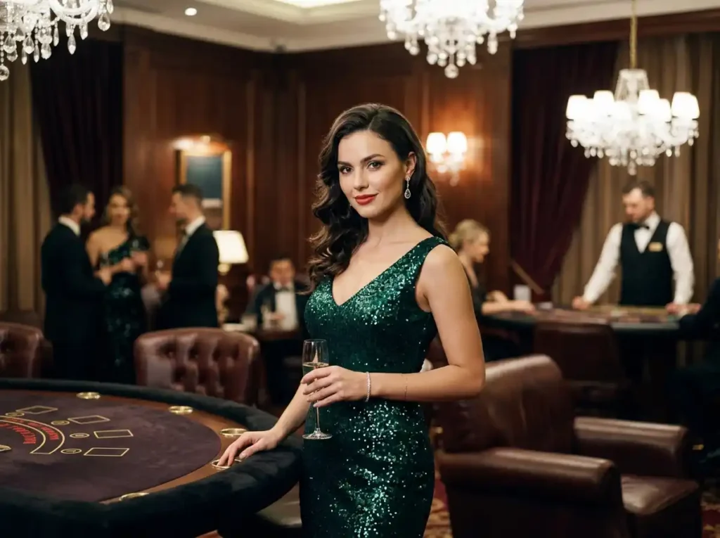 Glamorous woman looking at the camera inside a VIP casino setting while enjoying a live gaming atmosphere at Bwenas Gaming Casino.