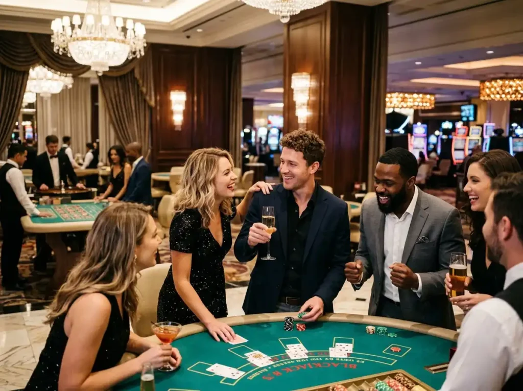 Phkilig online casino group of friends enjoying a luxury casino gaming experience with table games and entertainment