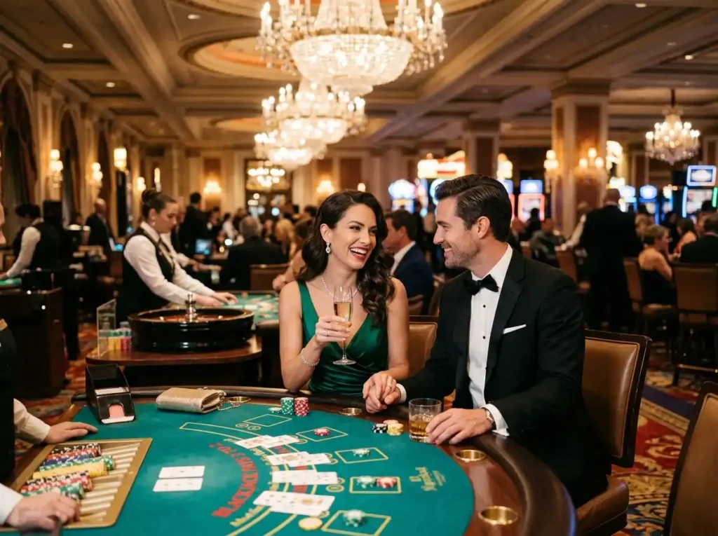 Phkilig online casino luxury casino date night experience with a couple enjoying table games in a real casino setting.