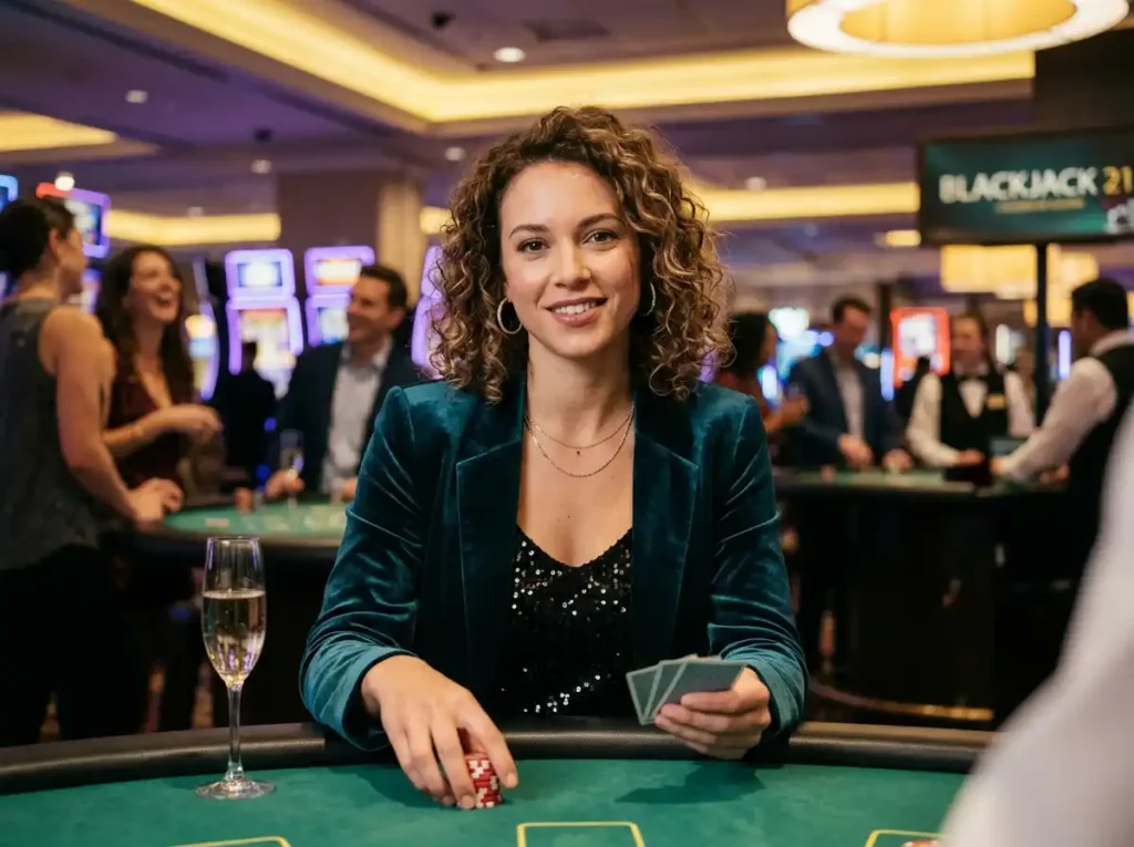 Phkilig Online Casino stylish female player smiling at camera while enjoying a casino gaming experience