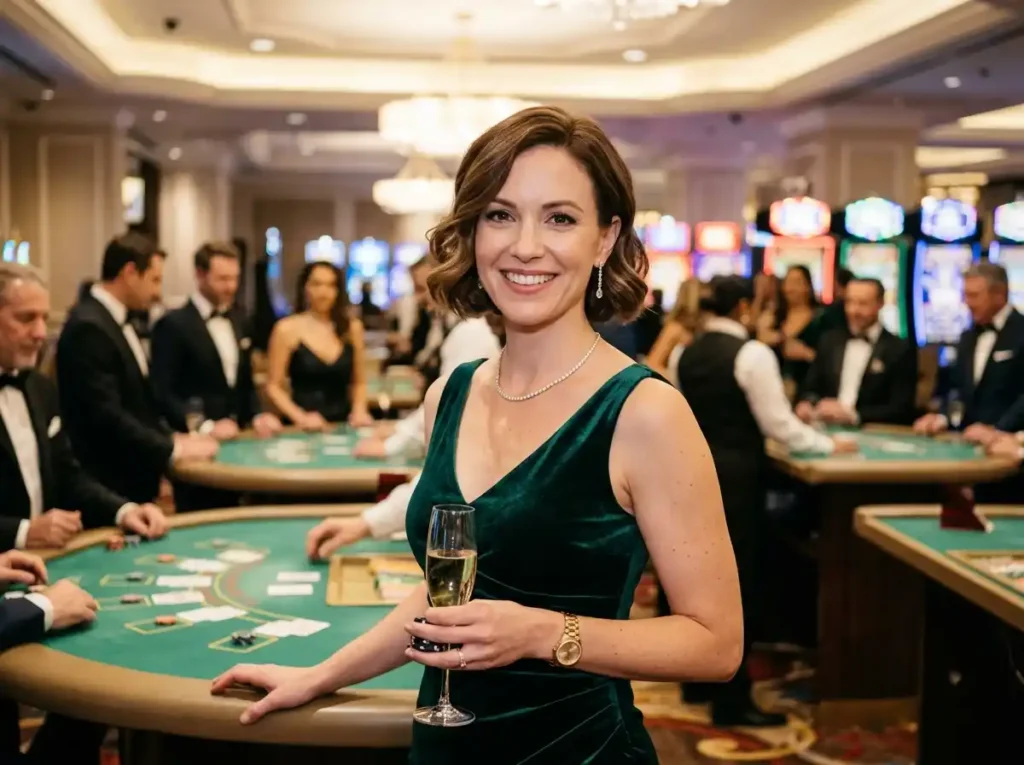 Elegant woman smiling at camera while playing at a real physical casino table, showcasing the vibrant atmosphere of Pink Venom Online Casino.
