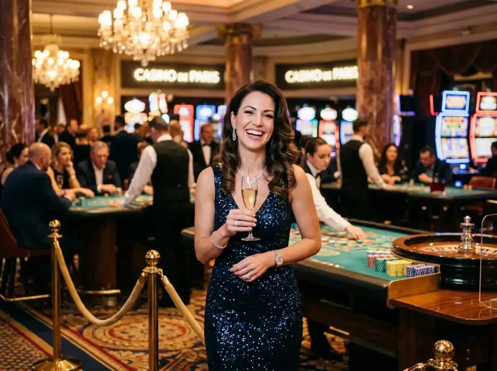 Fashionable woman standing in front of slot machines inside a physical casino, representing the vibe of pink venom online casino.