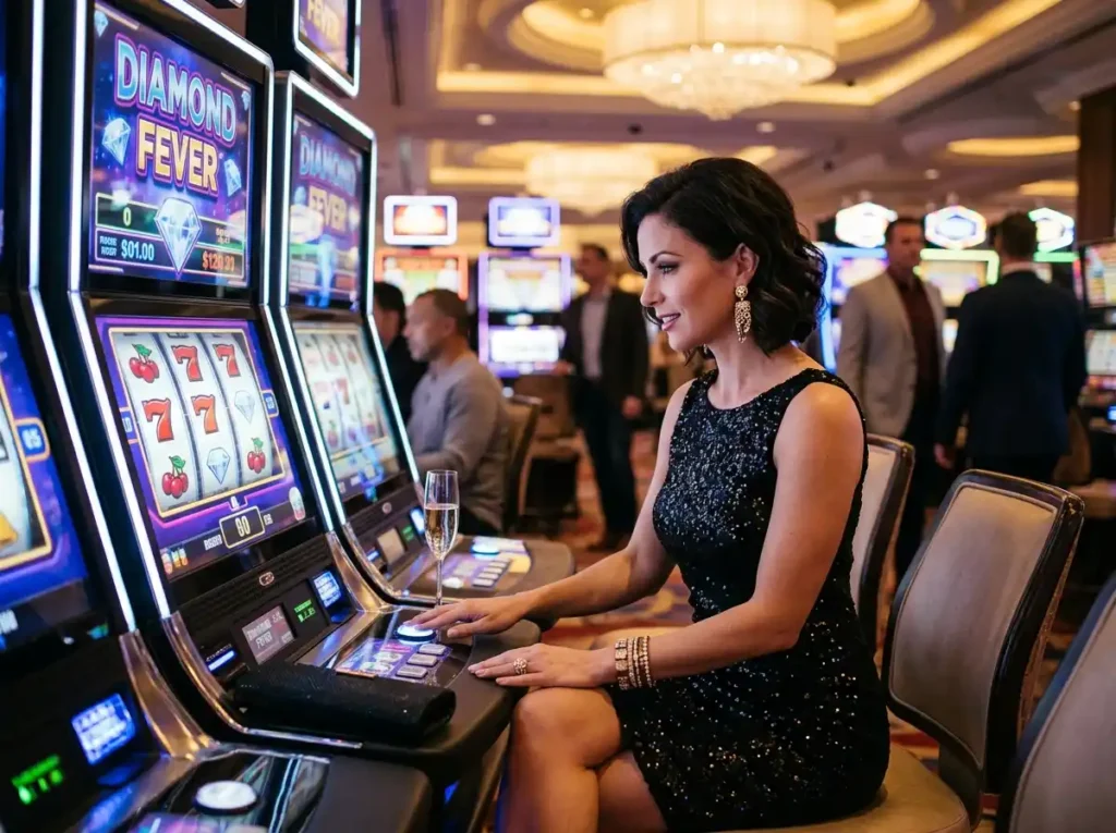 Glamorous woman playing a slot machine inside a physical casino while promoting pink venom online casino, highlighting the contrast between online branding and real casino gaming experience.