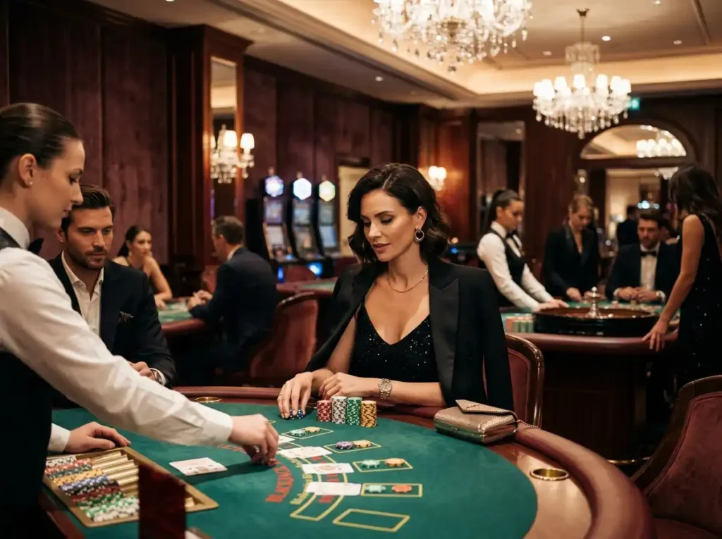 Fashionable female player inside a luxurious physical casino setting playing at a table, representing the atmosphere of pink venom online casino.