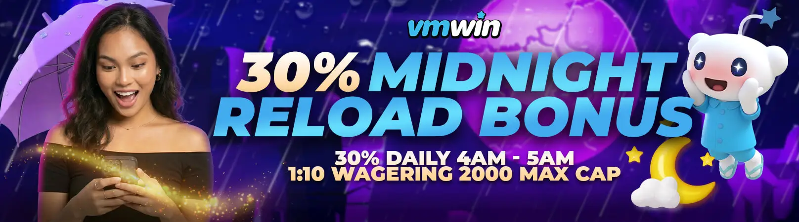 Promotions for VMWin (Vivamaxwin) games with 30% midnight reload bonus offer for players