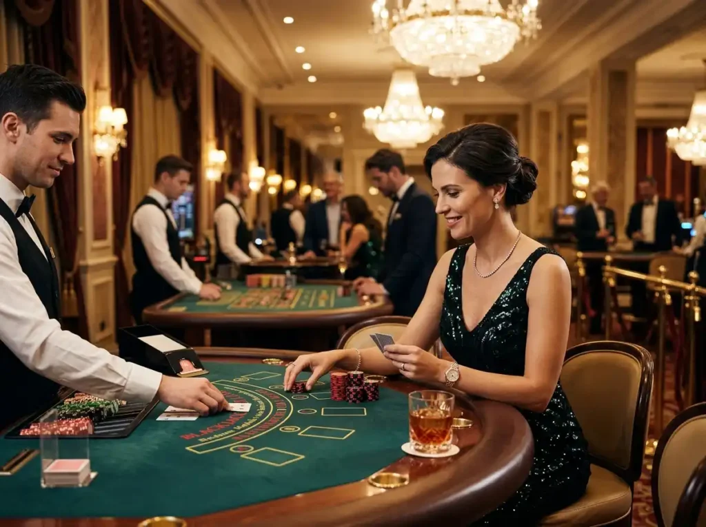 Sugal999 casino login register featuring an elegant female player enjoying a luxury casino experience with table games and a premium gaming atmosphere.